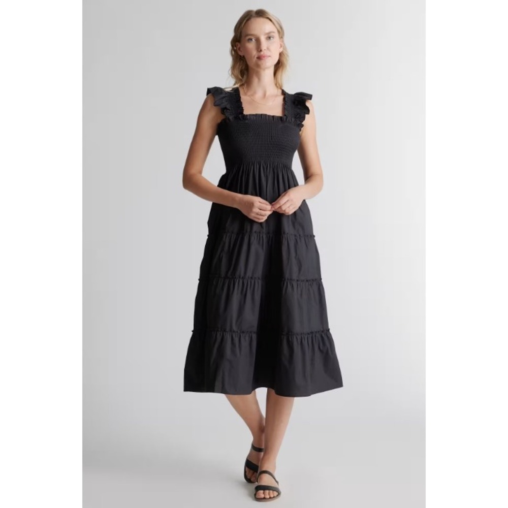 Quince Organic Cotton Poplin Smocked Midi Dress Black L Tiered Nap Dress NWT
